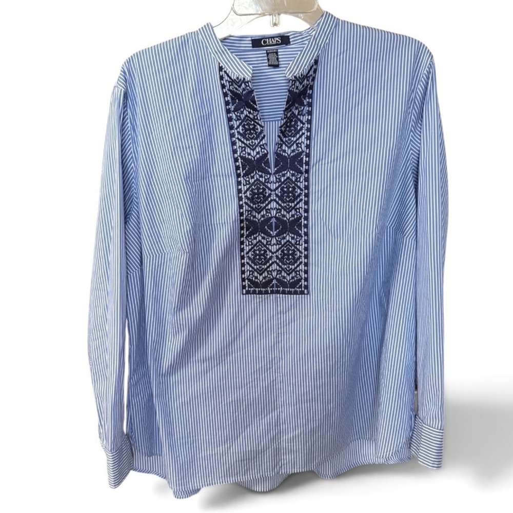 Chaps Blouse Women 1X Blue White Striped Embroidered Split Neck Tunic Top Preppy